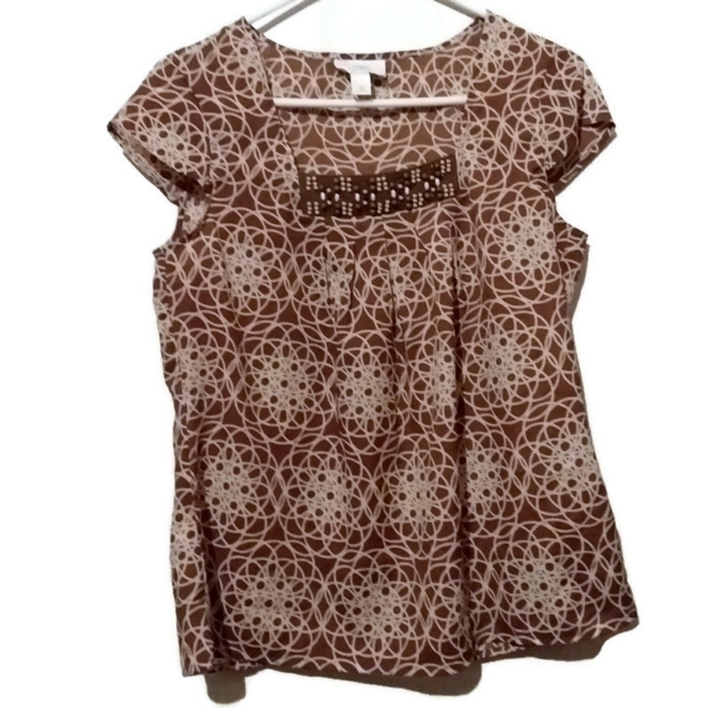 LOFT Brown & Tan Beaded Blouse XSmall
